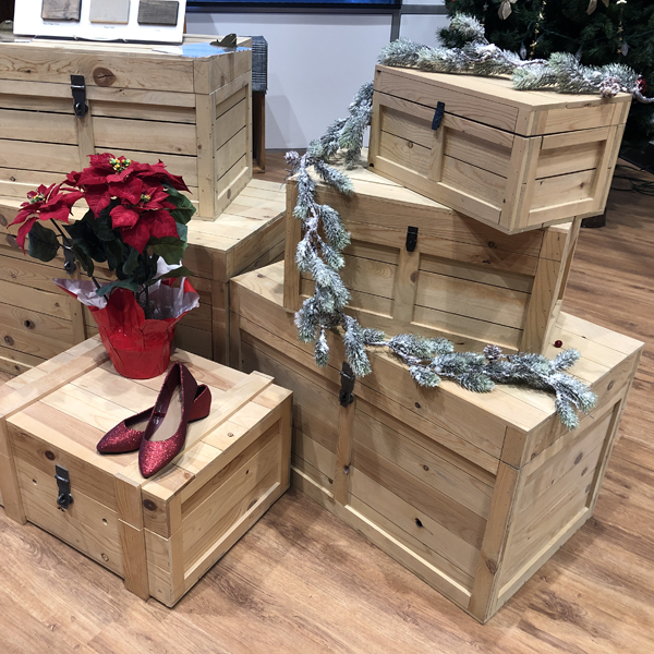 The rustic crate series 200 set up for a christmas holiday shoe retail display
